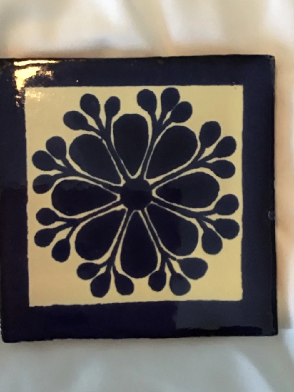 Hand-Painted Decorative Ceramic Tile Coaster Set of 3 - Sun & Navy Floral - Picture 5 of 5